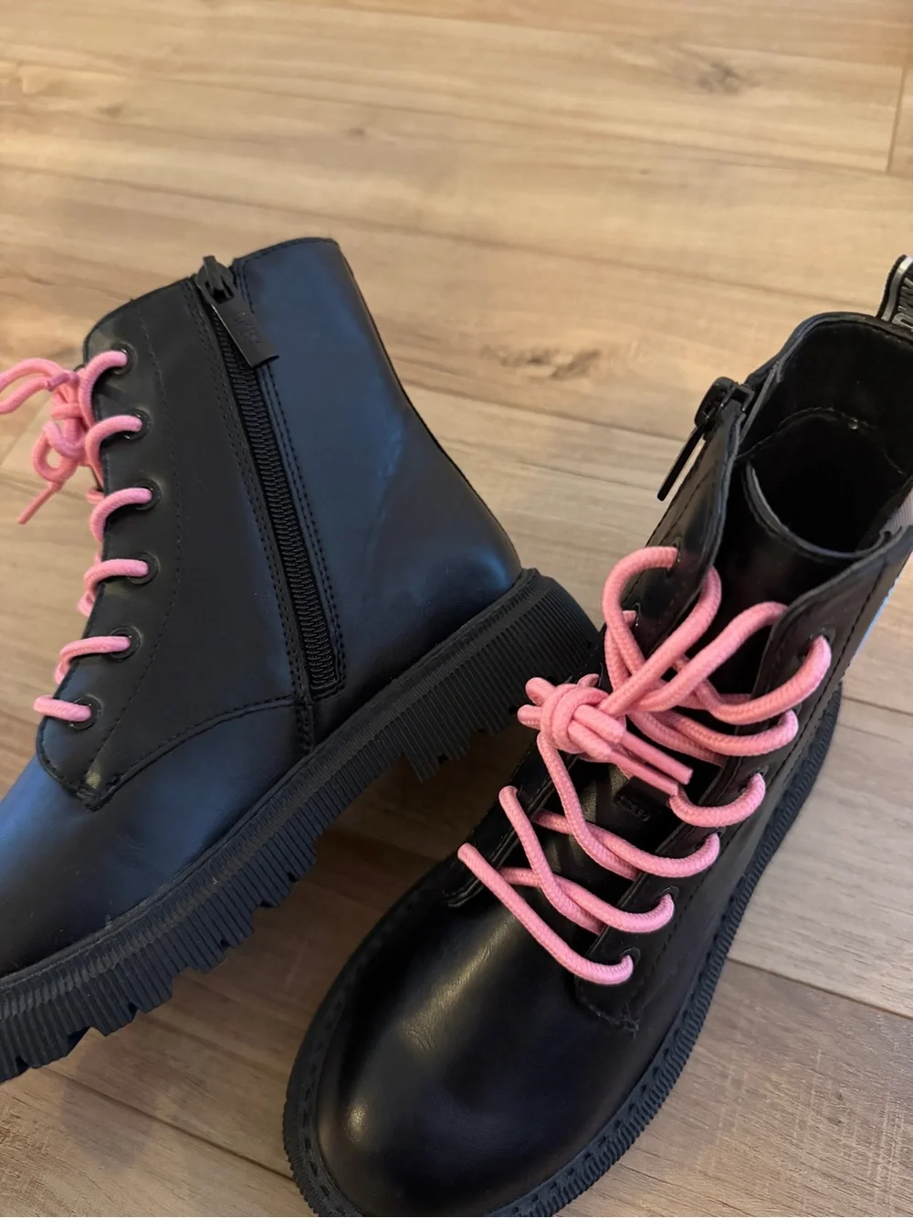 DKNY Girls Black Combat Boots with Pink Laces and Ombre Panel